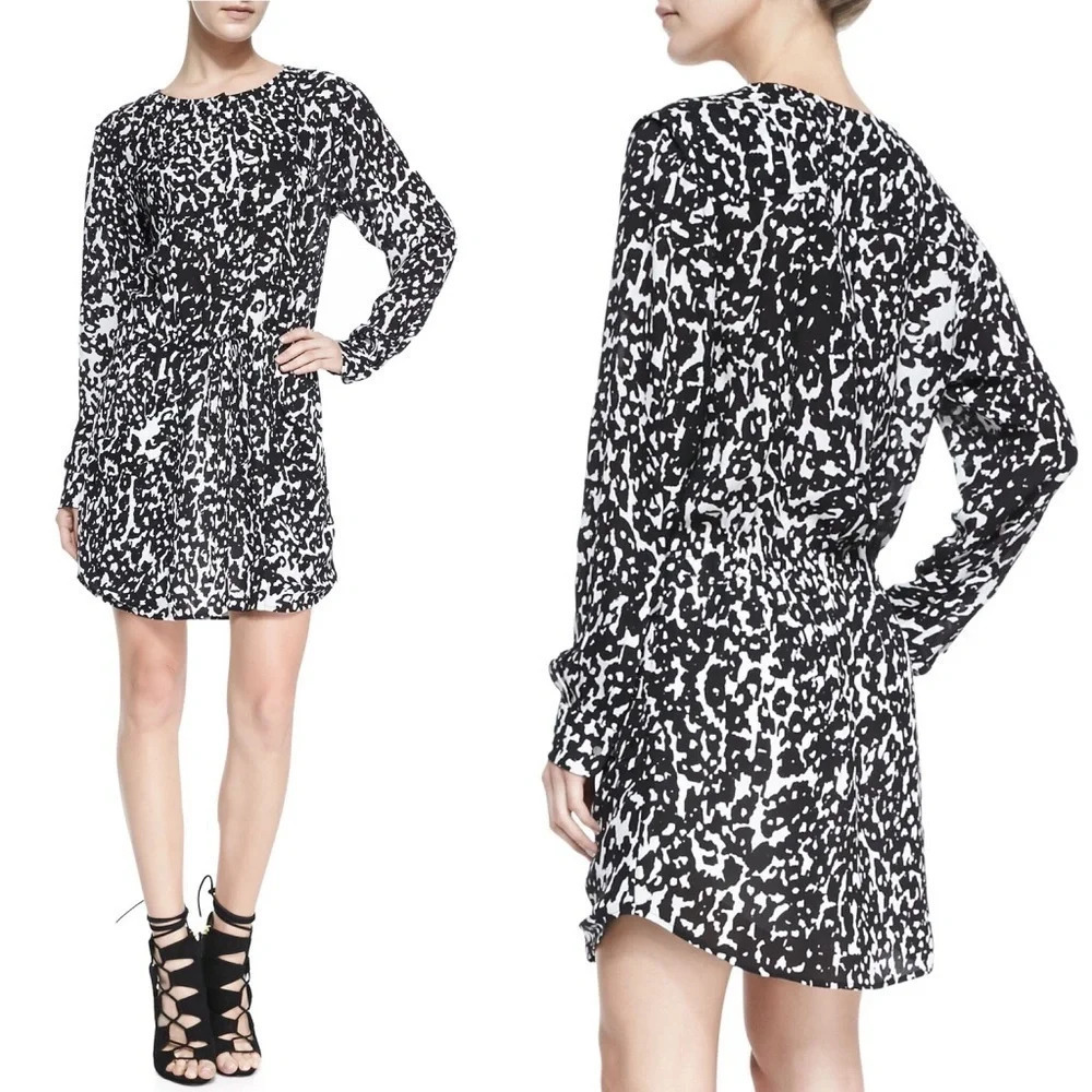 NWOT A.L.C. Simona Leopard Print Blouson Silk Dress Black Long Sleeve Medium